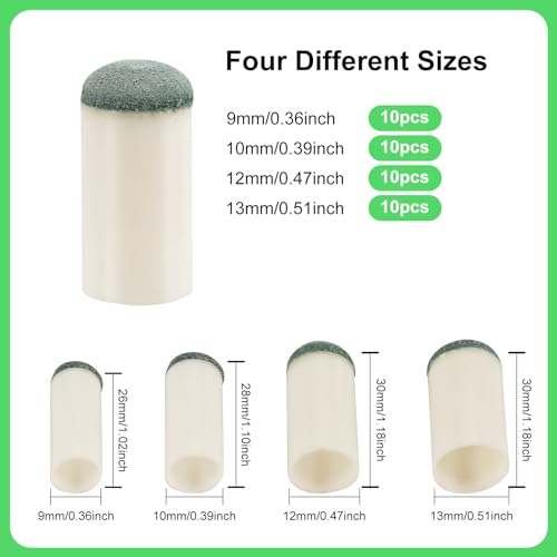 40-Pack Pool Cue Tips in 4 Sizes - Premium Rubber Billiard Tips
