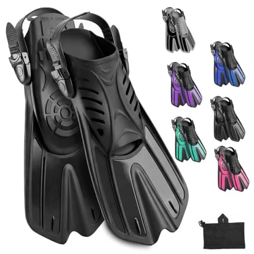 Adjustable Diving Fins for Adults - Open Heel Swim Flippers - Black L/XL