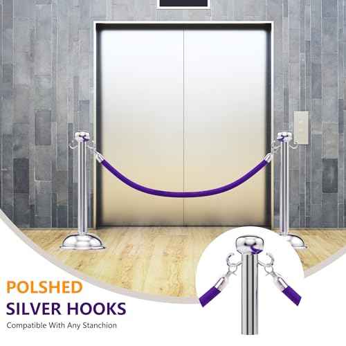 6.5 Feet Purple Velvet Hanging Ropes with Silver Polished Hooks Crowd Control Stanchion Ropes fit for Movie Theaters,Church,Restaurants,Hotels,Grand Openings, Concert venues, Trade Shows (2PCS)