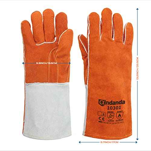ANDANDA Leather Welding Gloves, 13" Fire/Heat Resistant Gloves Provides Flames, Sparks and Welding Spatter Protection, Large