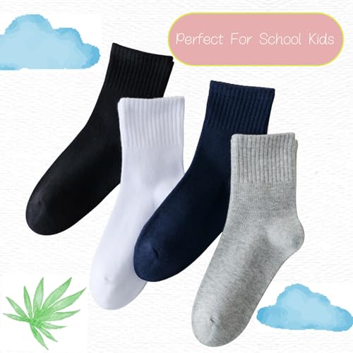 Kids Cotton Crew Socks with Retro Stripes - White, 4 Pairs for Ages 8-11