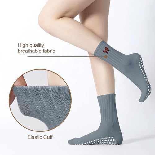 Women's Non-Slip Pilates Grip Socks with Ruffle Bow - Gray/Red