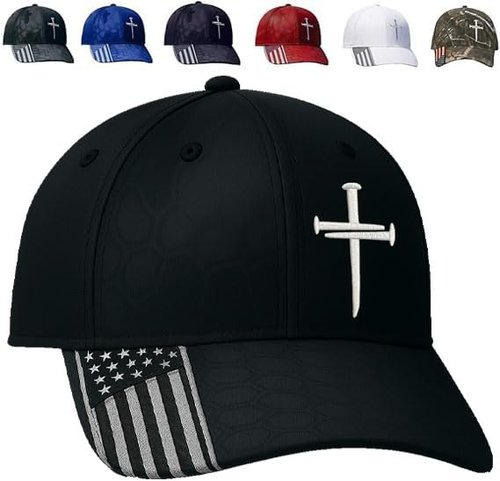 Adjustable Jesus 3 Nail Cross Hat with American Flag – Christian Cross Baseball Cap, Religious 3 Nail Design Faith Hat for Men & Women, Lord Savior Christian Gift Black