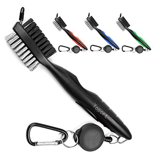 Golf Club Brush Cleaner with 2 Ft Retractable Zip-line - Black+Black