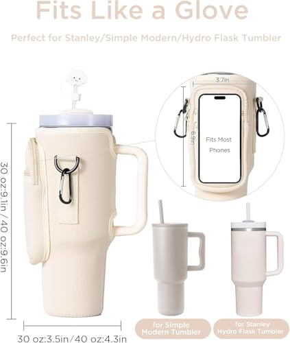 dabria 30oz Stanley Tumbler Neoprene Bottle Holder with Strap & Straw Cover – Cream