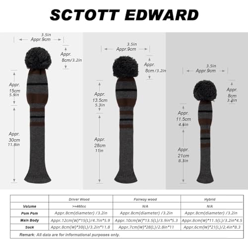 Scott Edward Knitted Golf Club Headcovers Set of 3 Grey Black Brown Stripes – Driver, Fairway, Hybrid