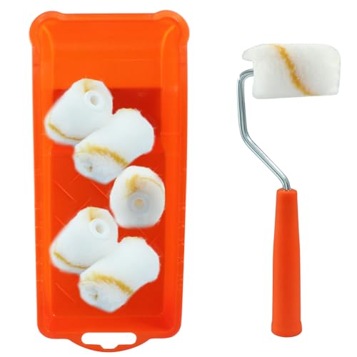 Hordion 2 Inch Paint Roller Kit, Microfiber Roller Covers with Tray - Mini Roller Frame, Microfiber Roller Covers for Smaller DIY Stenciling Projects, Orange