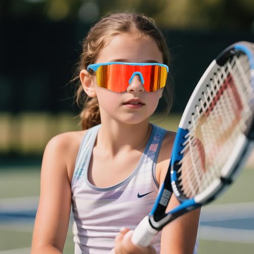Kids Polarized Sports Sunglasses for Baseball Cycling - Blue/Red Mirror