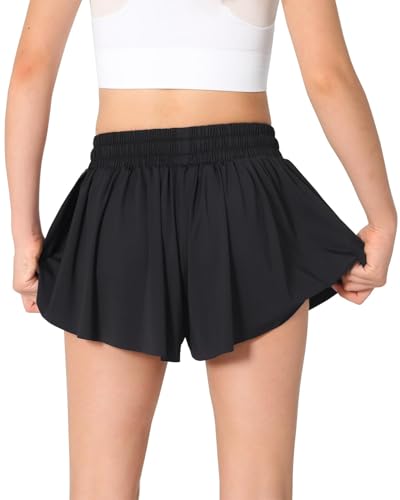 Girls Butterfly Skorts - Flowy Athletic Shorts with Pocket, Black, 9-10 Years