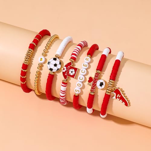 Soccer Bracelet - 7 Pack Stretch Beaded Game Day Jewelry - Red