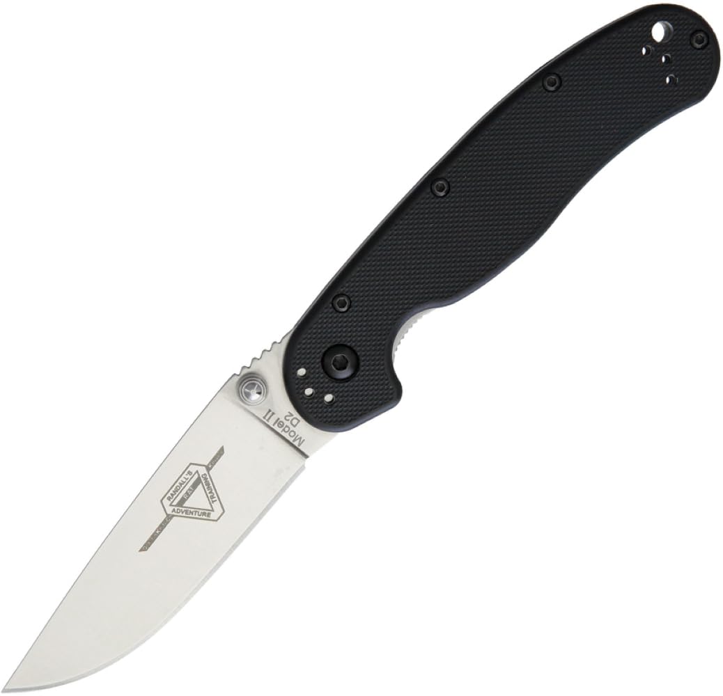 Ontario Knife Company Rat 2, Satin D2 Tool Steel Drop-Point Blade Folding Pocket Knife, Black Handle Liner Lock Knife, Everyday Carry Knife – ON8828