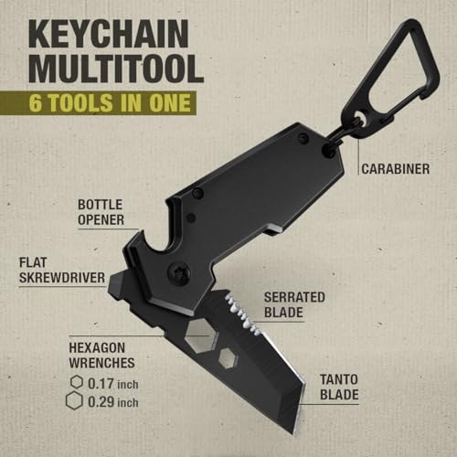 Mini Keychain Knife with Carabiner - 1.3" Tanto Serrated Blade - Black