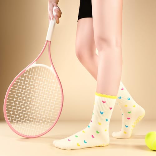 Pilates Grip Socks for Women - Non-Slip Cotton Yoga Socks - 6 Pairs Pink+Blue+Yellow