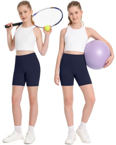 Moozava Girls High Waist Athletic Bike Shorts Navy Blue Medium - Kids Gymnastics Dance Volleyball