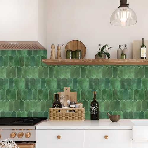 Vamos Tile Upgraded Thicker Design Peel and Stick Backsplash Tile, 1-Sheet Green Self Adhesive Vinyl Wall Tiles, Stick on Backsplash for Kitchen, Bathroom,RV (Thicker Design)