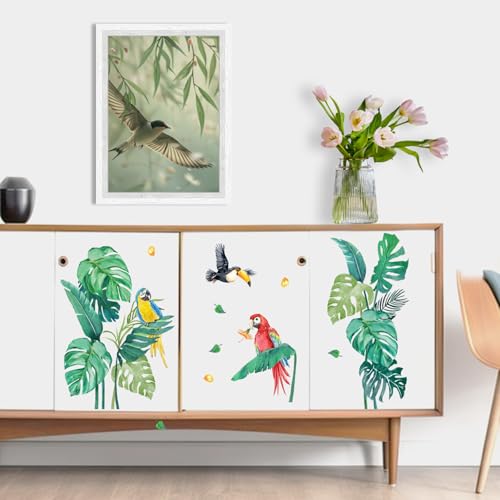 Yovkky Tropical Plant Birds Wall Decals Stickers,Hawaii Palm Leaves Monstera Parrot Toucan Toddlers Baby Nursery Decor,Aloha Greenery Hibiscus Flower Home Decorations Kids Bedroom Playroom Art