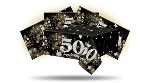 50th Birthday Tablecloths - Black & Gold, 4 Pack, 54" x 108"