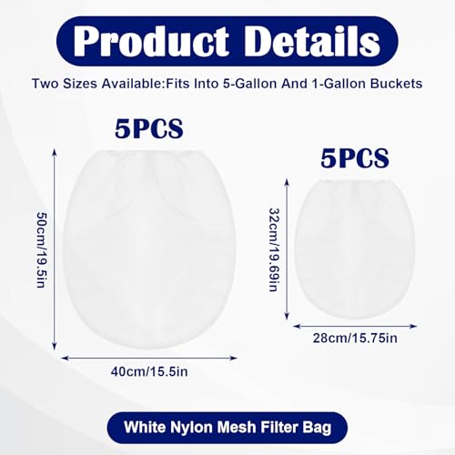 10PCS Paint Strainer Bag,Paint Filters with Elastic Drawstring Top Opening, Paints Strainers Bags 5 Gallon & 1 Gallon, White Polyester Mesh Strainers Bag for Paints & Gardening