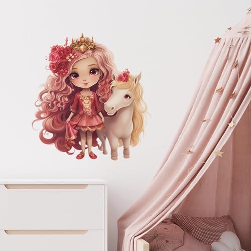 Lovely Rose Girl and Cute Filly Wall Stickers, sacinora Red Princess and Unicorn Wall Decals Removable Vinyl Peel and Stick for Kids Baby Nursery Bedroom Playroom Art Decorations