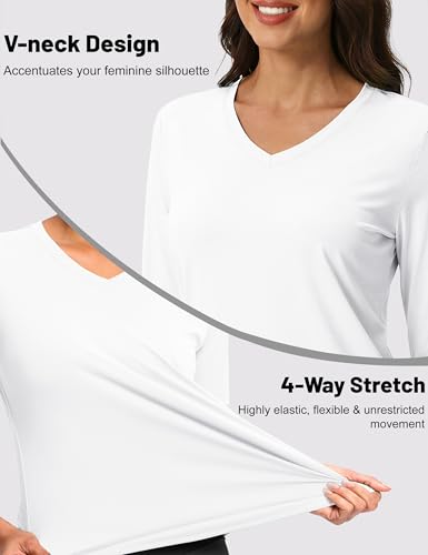 TACVASEN Women's White Long Sleeve V-Neck Tops Quick Dry UPF 50+ Sun Protection Medium