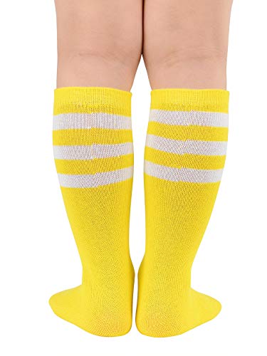 Kids Knee High Soccer Socks - Cotton Sports Stockings, Yellow & White, 1 Pair for Ages 3-6