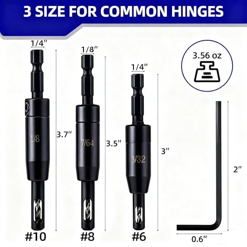 Self Centering Drill Bit Set, 1/4 Inch Hex Shank HSS VIX Bit Set with Hex Key, 3/32", 7/64", 1/8" Hinge Center Drill Bits for Precise Cabinet and Door Hinge Installation (3-Piece)
