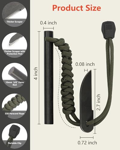 Ferro Rod Fire Starter 4 Inch Survival Tool with Paracord Handle - Green