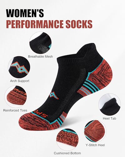 Women's Athletic Ankle Socks - Cotton, Cushioned Sole, 6 Pairs - Multi-Color on Black