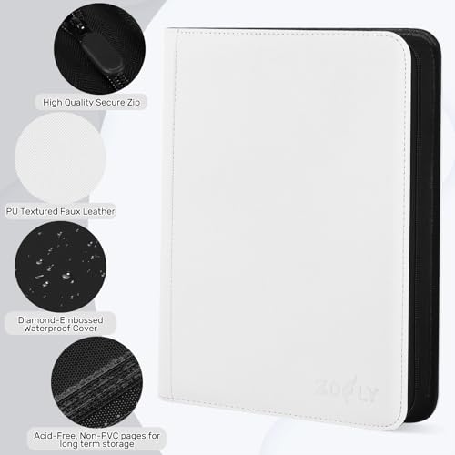 White 9-Pocket Trading Card Binder Zipper Album Holds 540 Cards – Premium Leather Cover