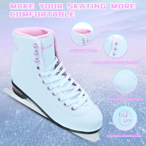 WELLWON Women's Ice Skates with Air Cushion, Classic White Figure Skating Shoes Size 5-10.5, Indoor & Outdoor Use