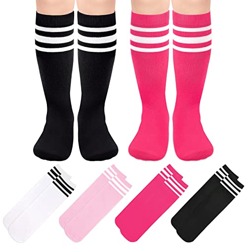 Kids Soccer Socks - 4 Pairs Youth Baseball & Football Socks - 3-6 Years Black/White, White/Black, Pink/White, Rose/White