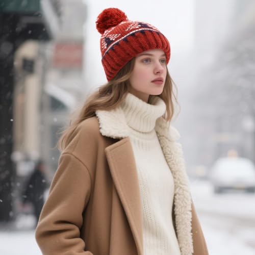 Winter Beanie Hat for Women - Warm Fleece Lined Pom Knit Earflap - D-Brick Red