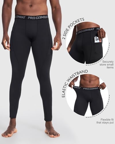Compression Pants for Men - Running Tights with Pockets - Black - Large