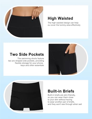 Bonneuitbebe Women's High Waisted Swim Shorts Black Medium - Bathing Suit Bottoms Boyshorts