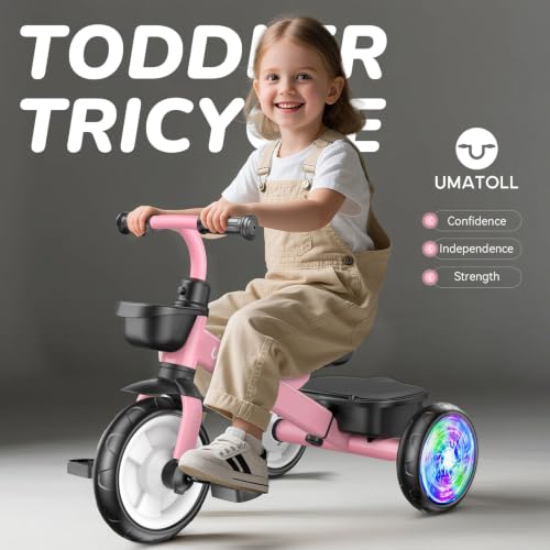Adjustable Toddler Tricycle with Light-Up Wheels - Pink, 2-5 Years
