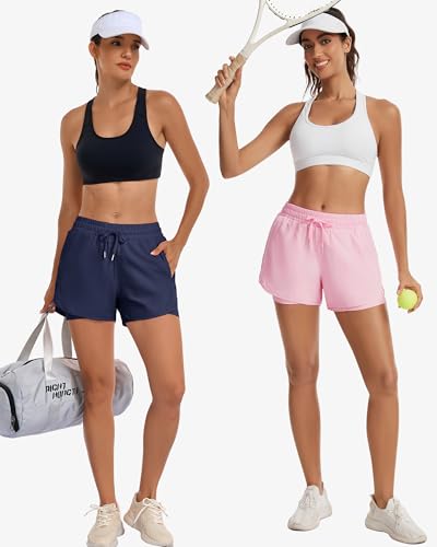 MLYENX 2-in-1 Running Shorts for Women, Athletic Gym Shorts – Large (Black, Navy, Dark Grey, Pink, Light Grey)