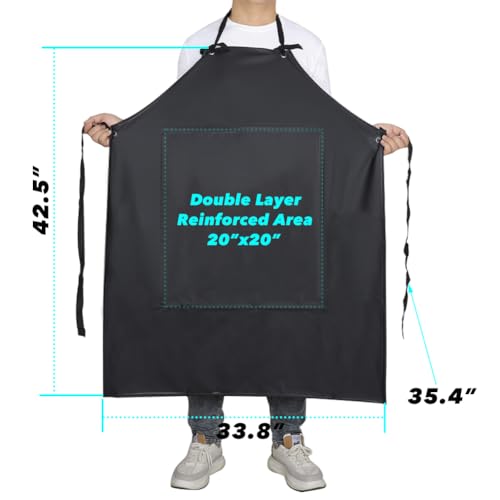 Waterproof Rubber Vinyl Apron -42.5" x 33.8" Plus Size Double Reinforced Chemical Resistant PVC Black Bib Apron