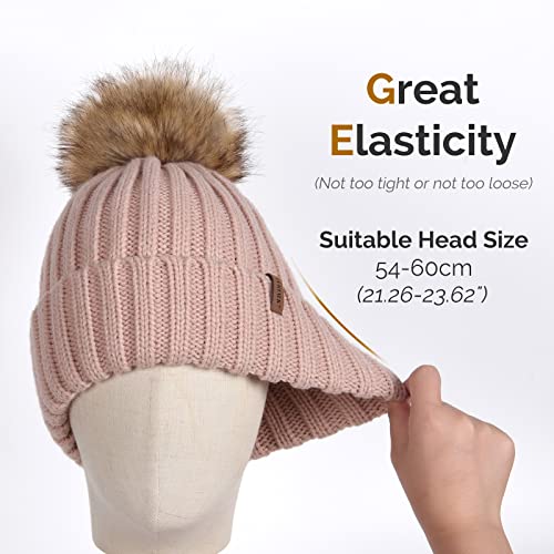FURTALK Women's Pink Winter Knitted Beanie Hat with Faux Fur Pom - Warm Skull Cap