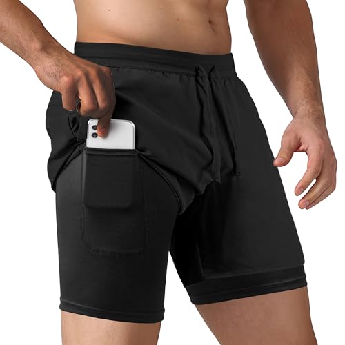 2-in-1 Men's Athletic Running Shorts - Workout Gym Training - Medium Black