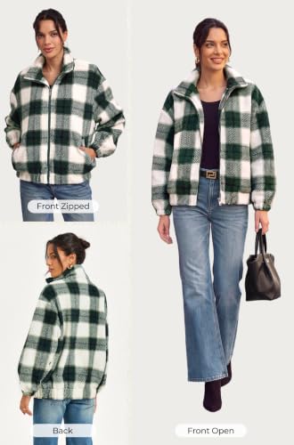 Grace Karin Women's Green Plaid Sherpa Fleece Jacket with Pockets Medium