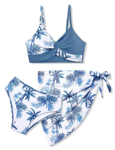 Girls Tropical Floral 3-Piece Twist Cross Bikini Set with Skirt - 9-10 Years Grey Blue Palm