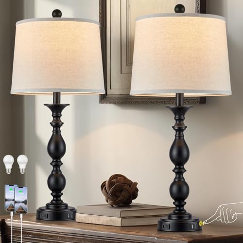 MOUVOVO 28" Tall Modern Table Lamps Set of 2 with USB C+A Ports and AC Outlet, 3 Way Touch Metal Bedside Lamps for Living Room, Black Farmhouse Nightstand Lamps for Bedroom
