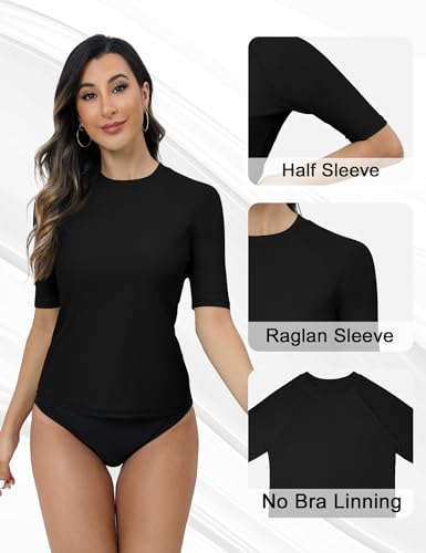 Bonneuitbebe Women's UPF 50+ Black Half Sleeve Rash Guard Swim Shirt Large