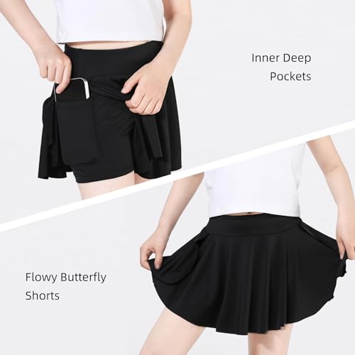 Athletic Skorts for Girls - Flowy Tennis & Golf Shorts with Pocket - 7-8 Years / A-black
