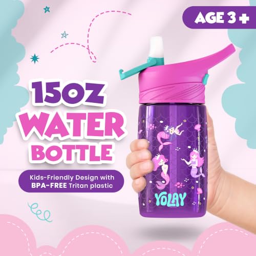 Kids Water Bottle with Straw - 15 oz - BPA-Free - Mermaid