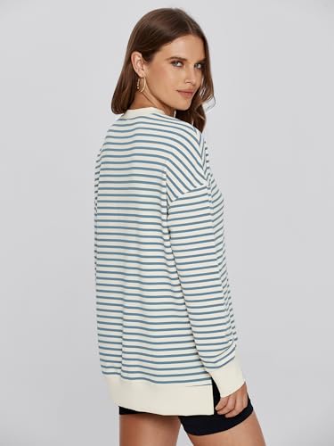 Simplee Women's Oversized Striped Sweatshirt Grey Blue Large Casual Crewneck Pullover