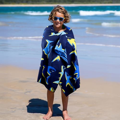 Microfiber Beach Towel - Bright Yellow Blue Shark Design - Dark Blue Shark
