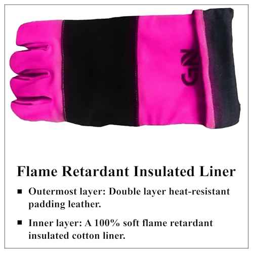 Nation Ladies BBQ/Welding Leather Gloves, Fire Resistant, MIG/TIG Welding, 16 Inch Long Sleeves, Pink/Black
