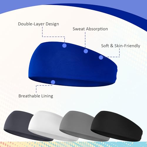 Sports Headbands for Kids - Moisture Wicking Sweatbands, 5 Pcs - Black, White, Gray & Blue