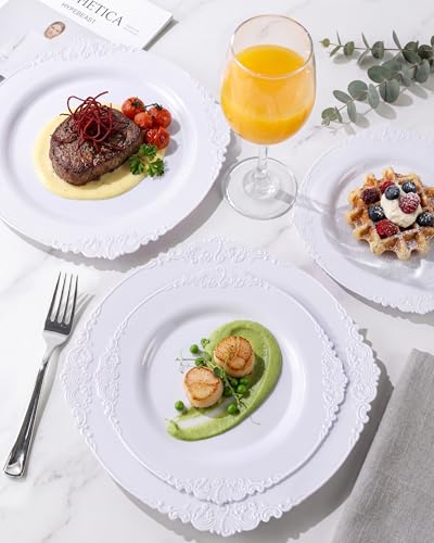 Morejoy White Plastic Plates Disposable 100pcs Set – 50 x 10.25'' Dinner + 50 x 7.5'' Dessert, White Elegent Package